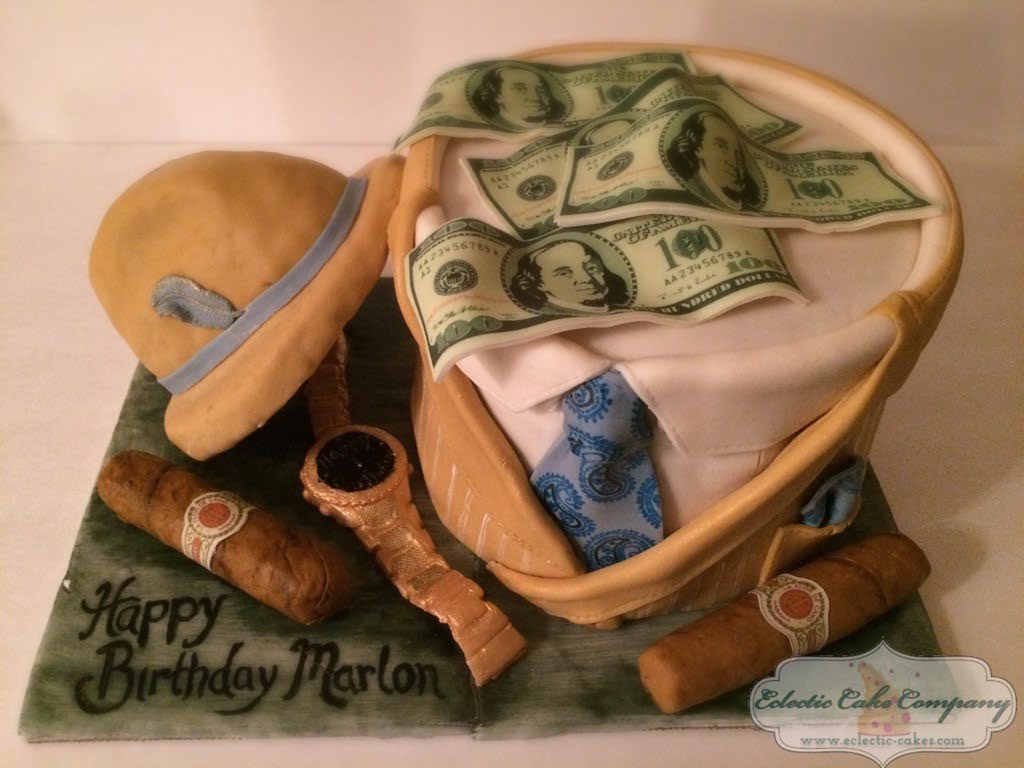 Fondant Cake by Eclectic Cakes decorated with a hat, money, tie, and cigars with 'Happy Birthday Merlon' text.